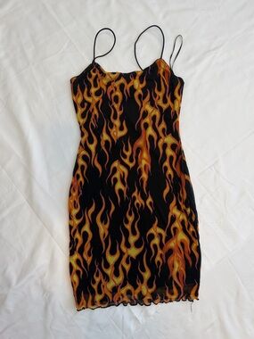 Black Flame Print Slip Dress with Spaghetti Straps